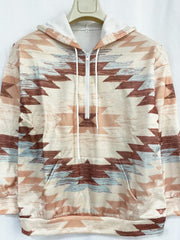 Geometric Print Kangaroo Pocket Zipper Hoodie Long Sleeve Hood