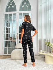 Heart Print Pajama Set Short Sleeve Crew Neck Top & Elastic Waistband