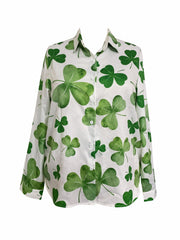  Shamrock Print Button Up Long Sleeve Blouse