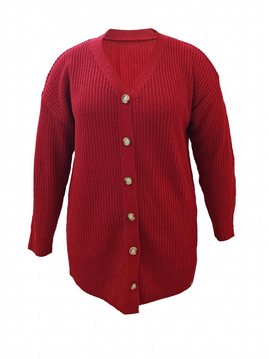  Solid Long Sleeve Button Up V Neck Knit Tunic Cardigan