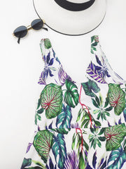  Boho Tropical Print Swimsuit Set Round Neck Pleated Tank Top & Underwe