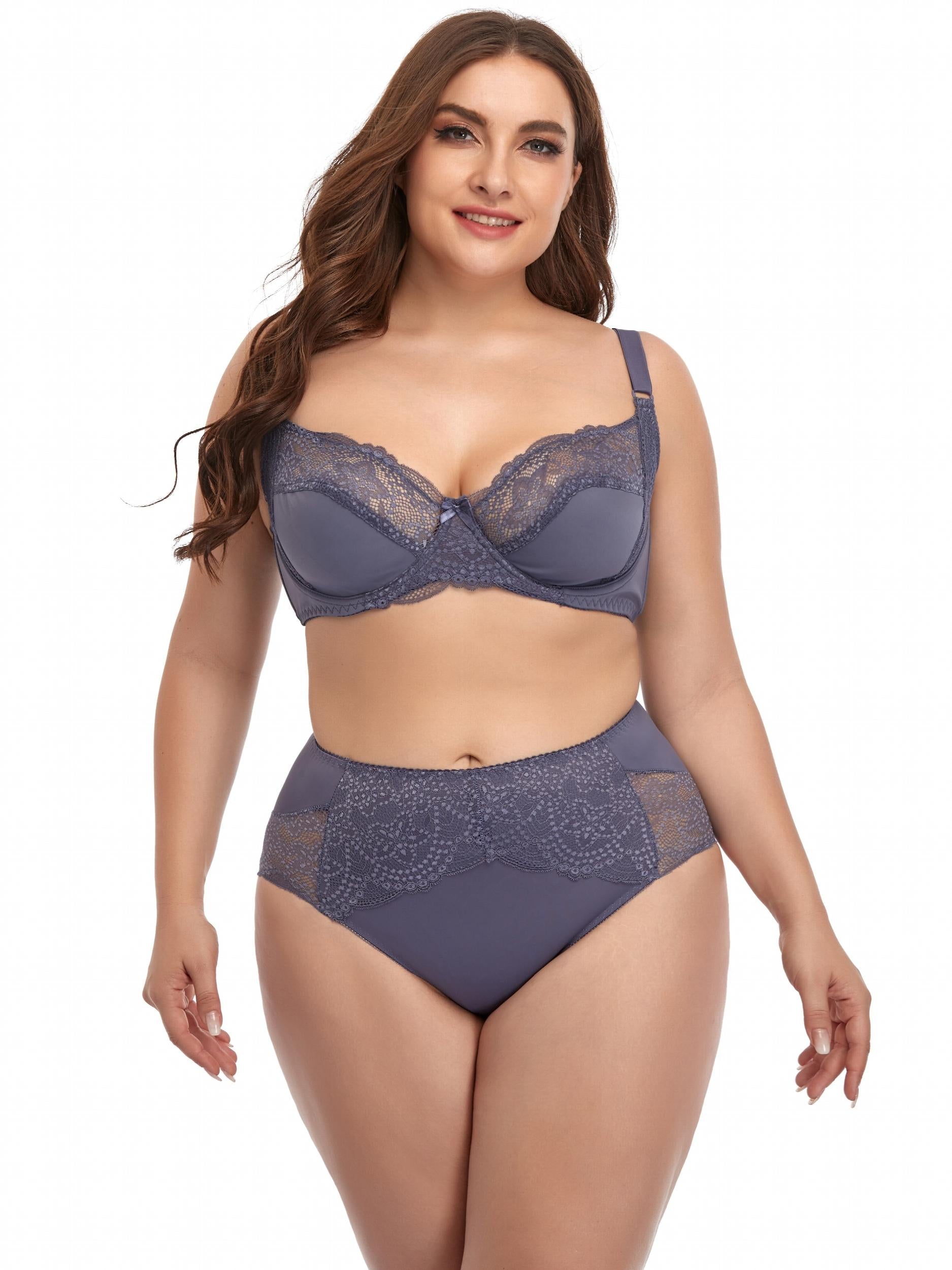  Contrast Lace Solid Lingerie Set Women's Plus Medium Stretch