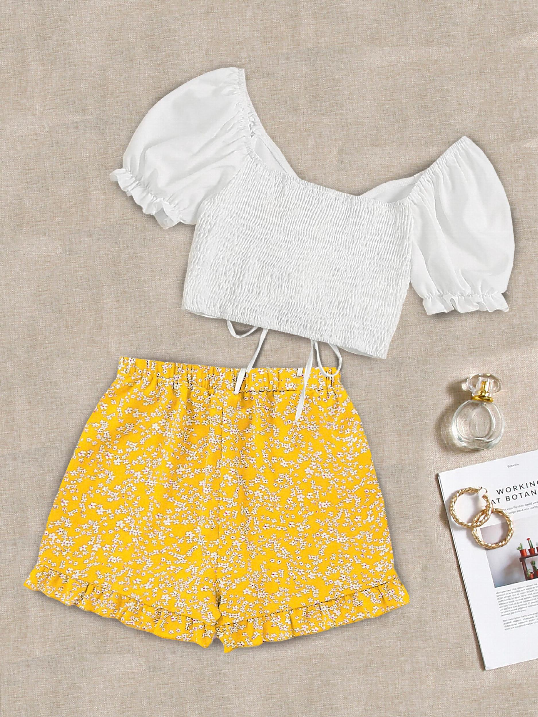 Casual Two Piece Set Drawstring Puff Sleeve Tops & Floral Print Elastic Shorts
