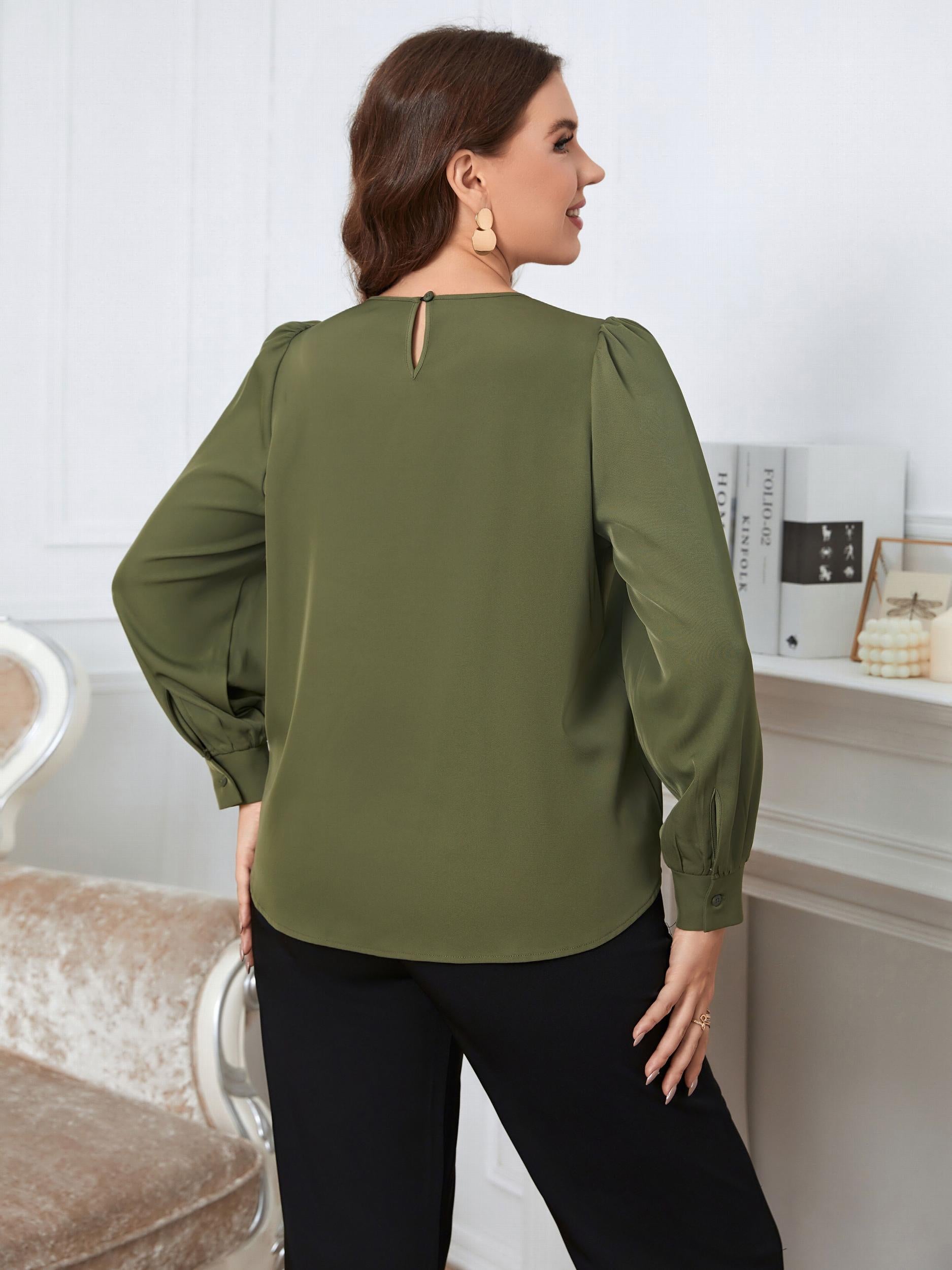  Casual Blouse Solid Puff Sleeve Keyhole Round Neck Top
