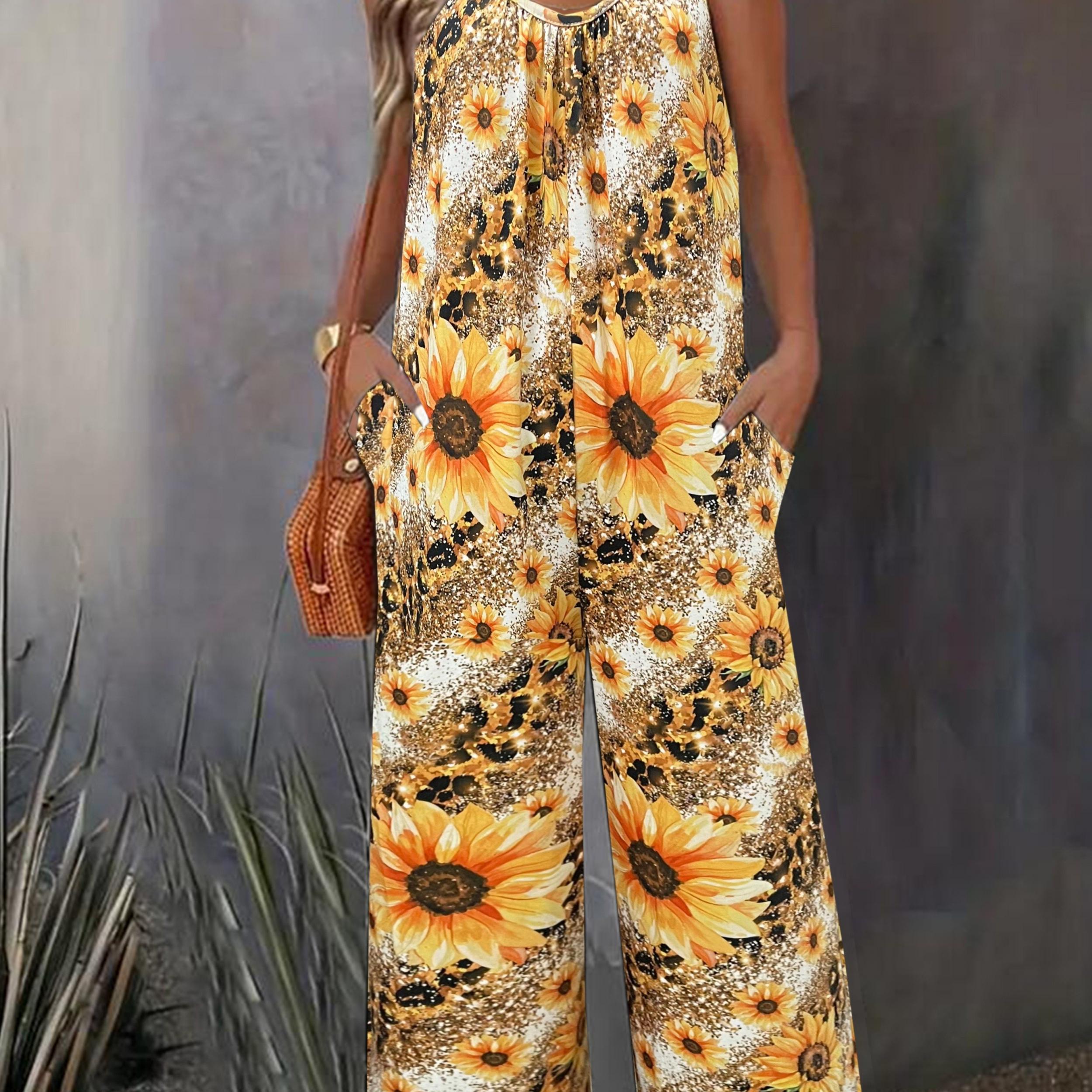  Sunflower & Leopard Print V Neck Wide Leg Cami Jumpsuit With Pockets