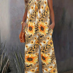  Sunflower & Leopard Print V Neck Wide Leg Cami Jumpsuit With Pockets