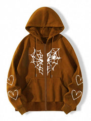 Halloween Heart Graphic Hooded Sports Sweatshirt Zipper Up Long Sleeve Hoodie