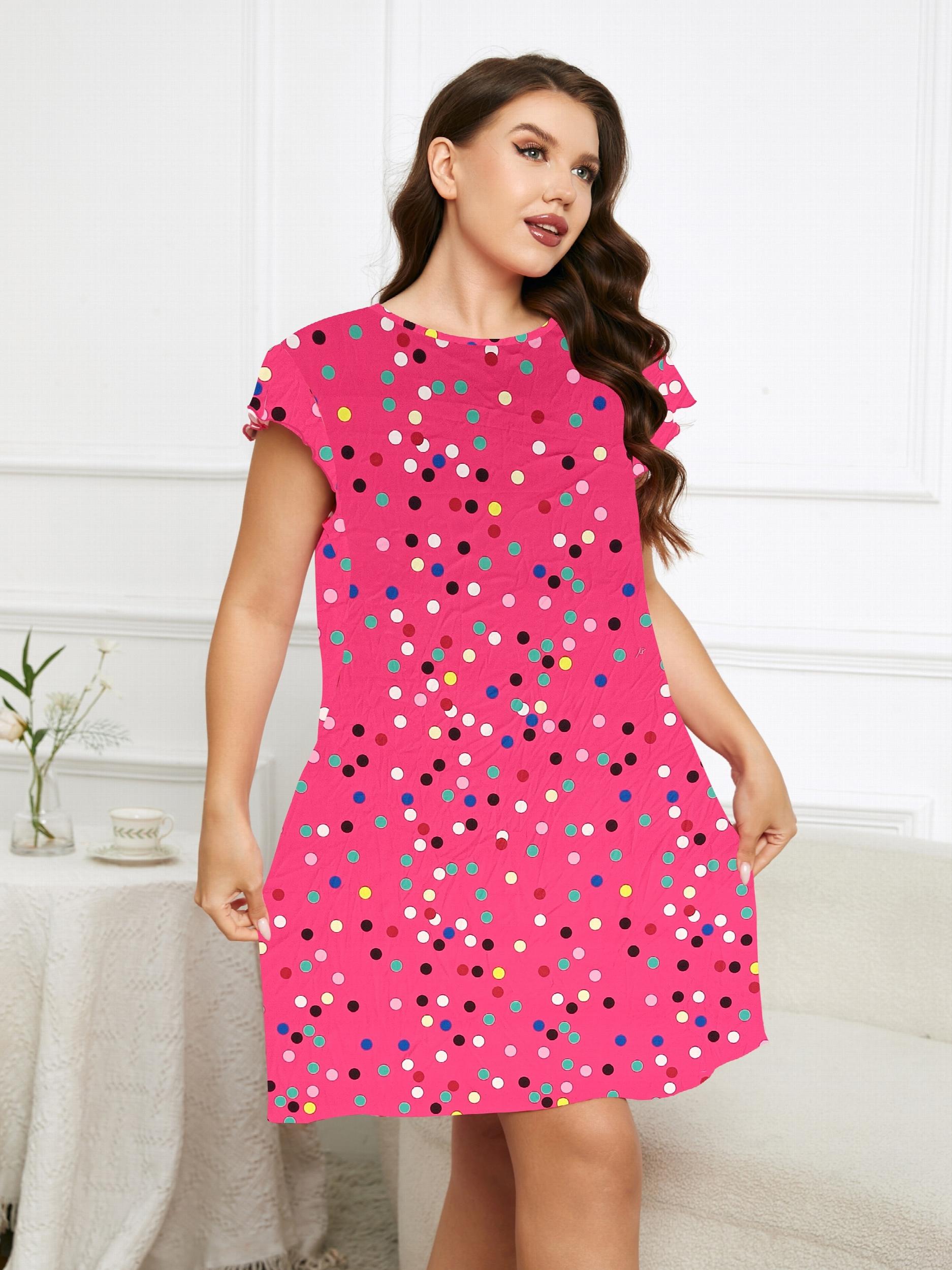  Polka Dots Print Loungewear Dress Women's Plus Home Wear Dress