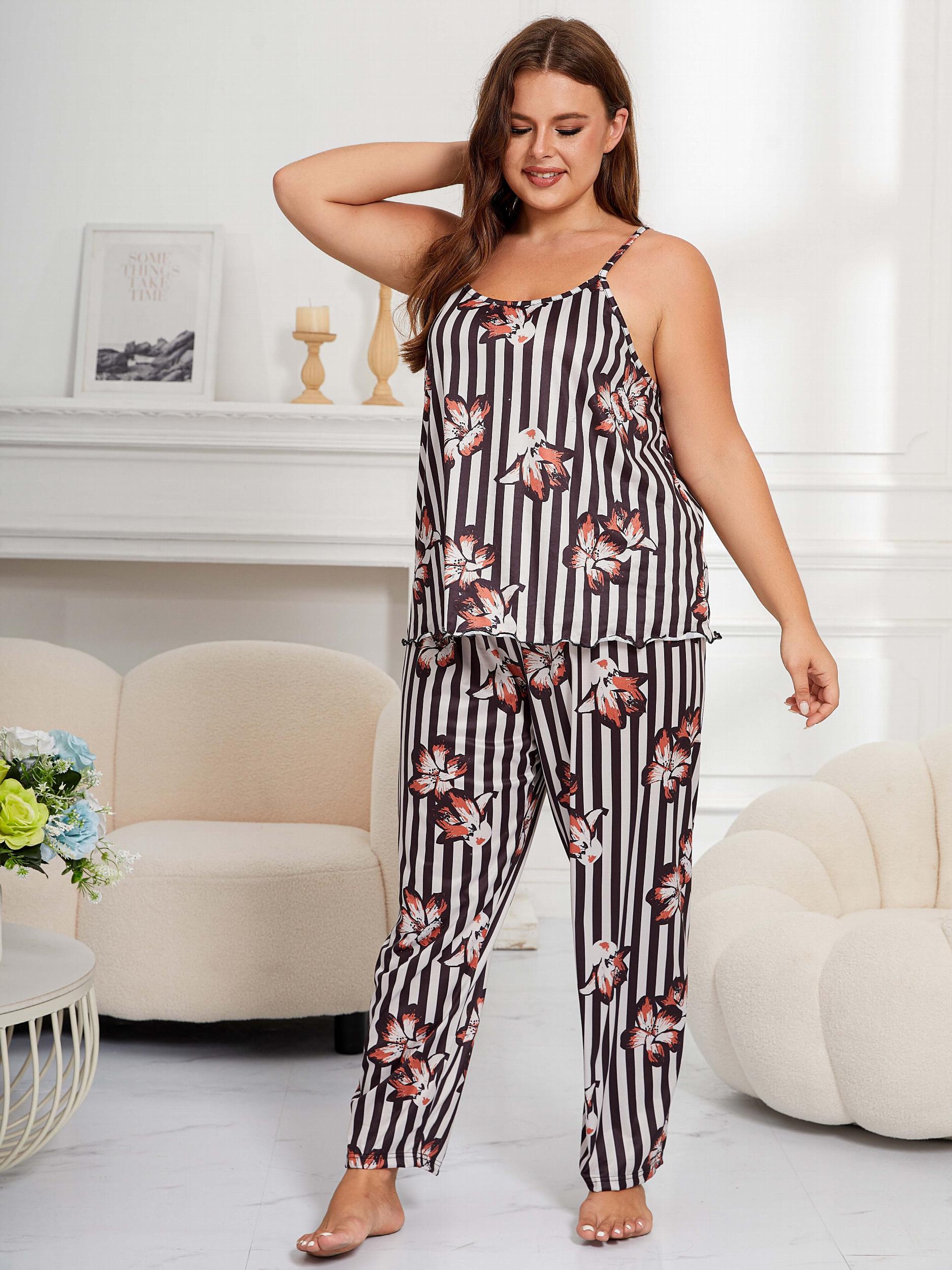 Striped & Floral Print Cami Top & Pants Lounge Set