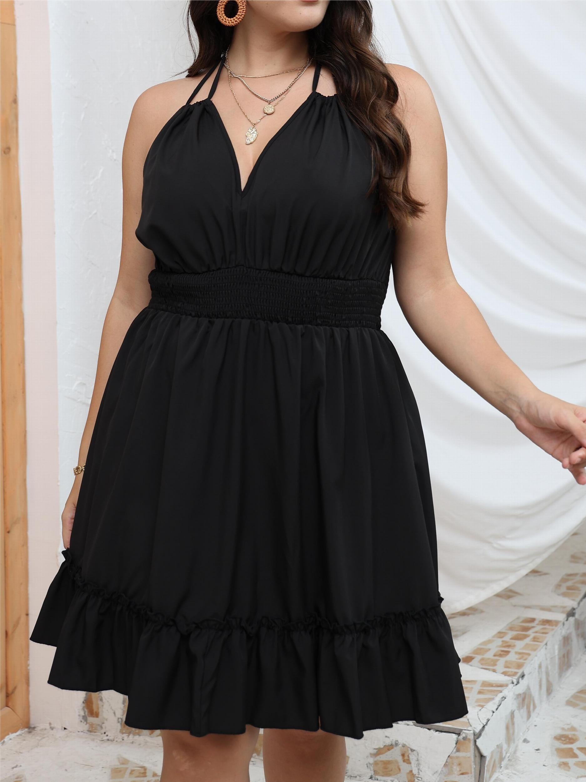  Summer Dress Deep V Neck Ruffle Trim Halter Smock Dress