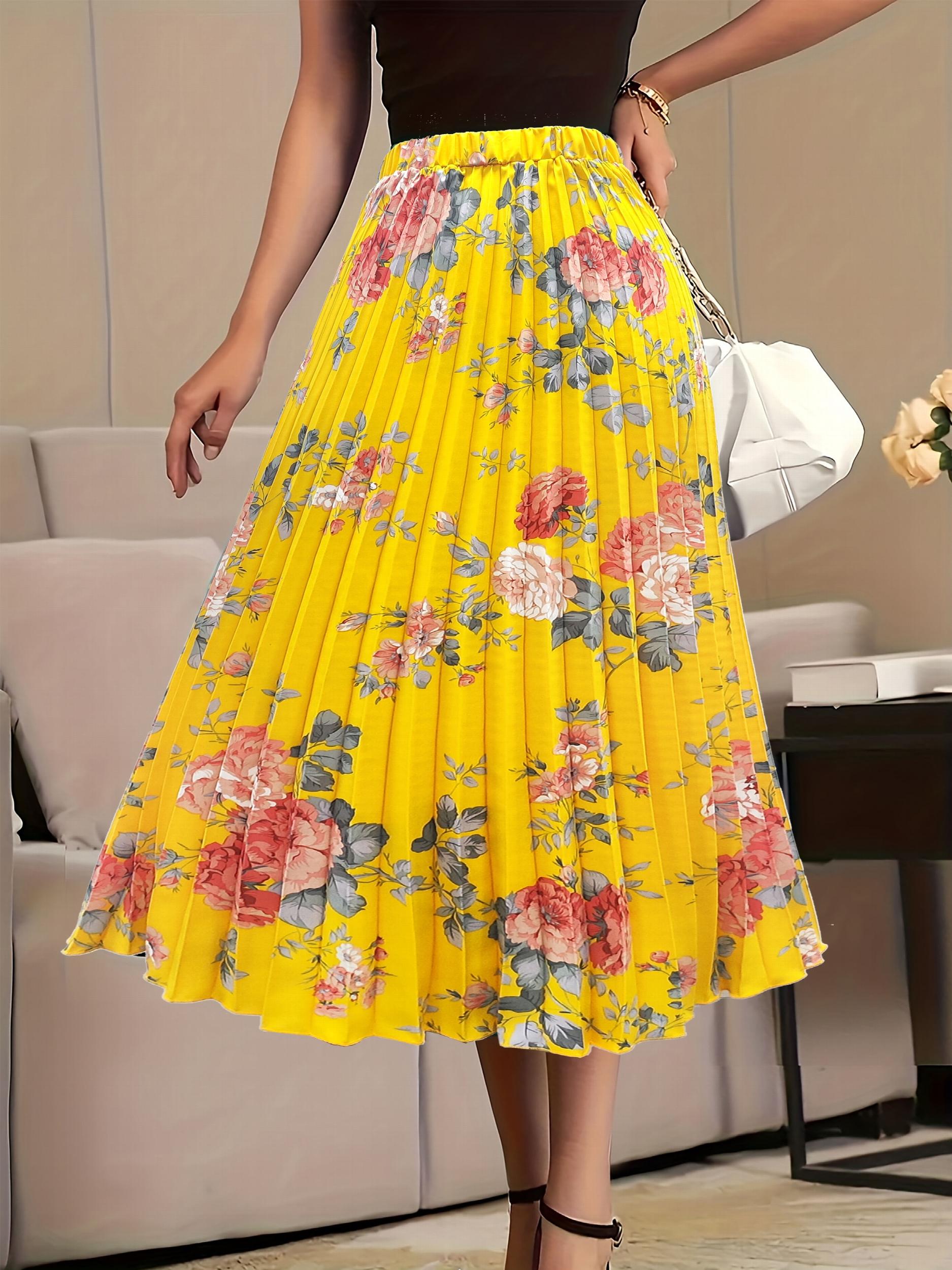  Floral Print Elastic High Rise Pleated Maxi Skirt