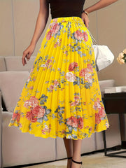  Floral Print Elastic High Rise Pleated Maxi Skirt