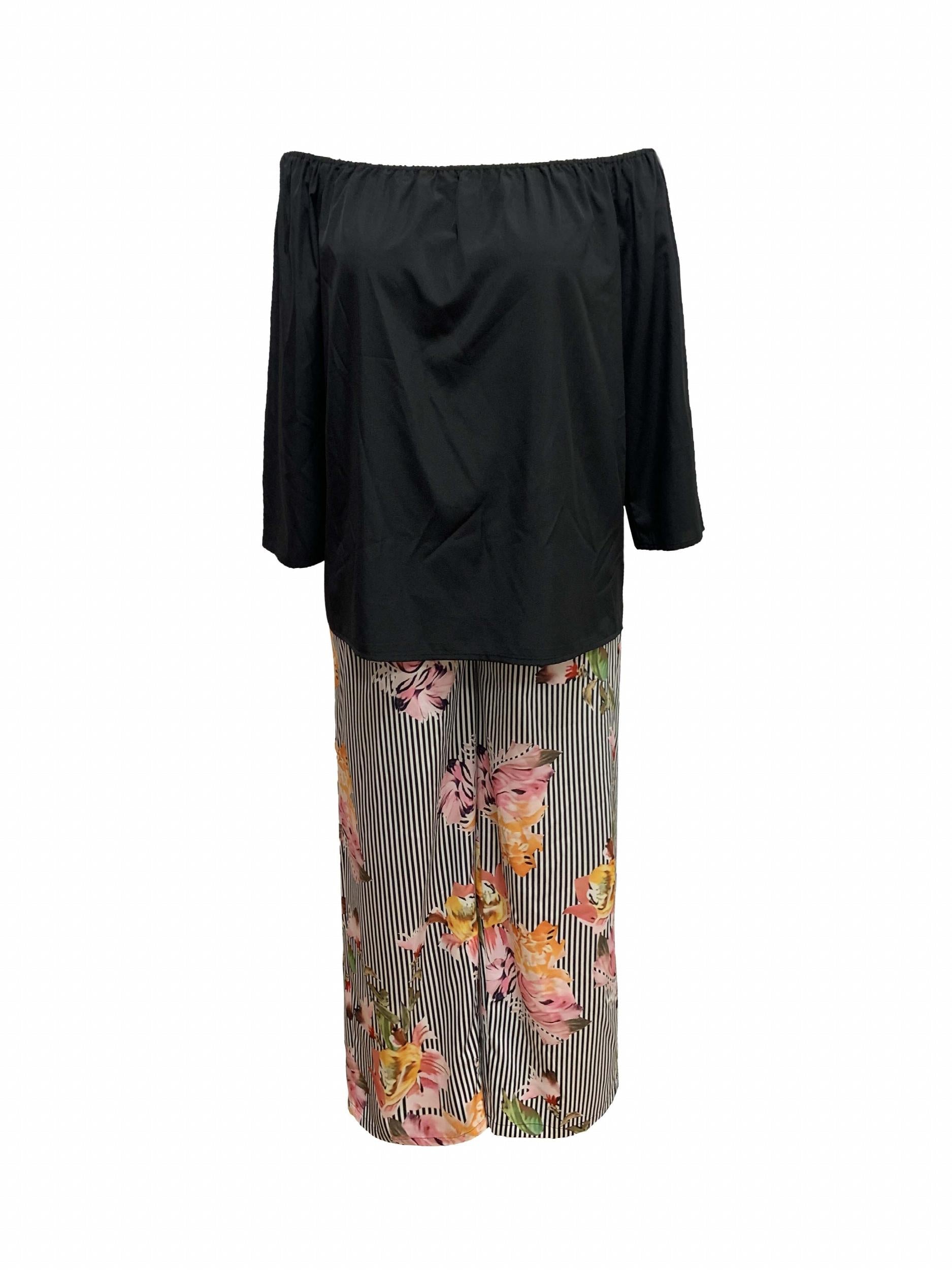  Boat Neck Top & Floral Print Pants Set