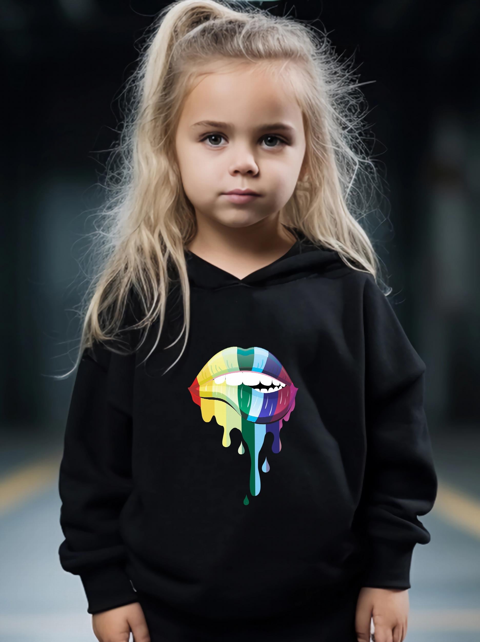 Colorful Lip Pattern Hooded Sweatshirt Girls Hoodies & Sweatpants