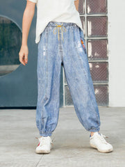 Kids Faux Denim Cotton Trousers Soft Washed Non-fading
