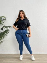  Solid Ribbed Half Zipper Short Sleeve Blouse