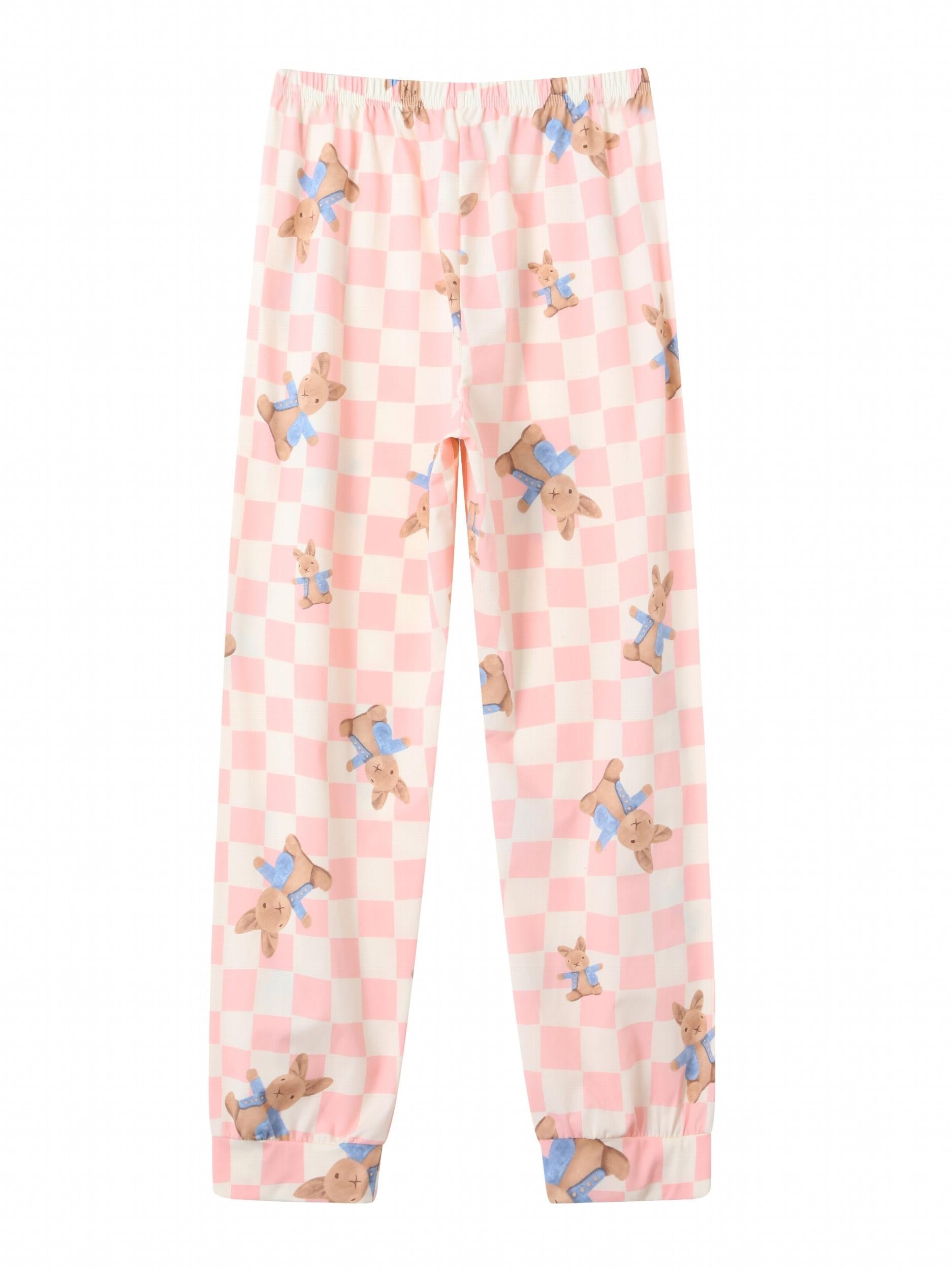 Bunny Print Pajama Set Long Sleeve Crew Neck Top & Plaid Pants