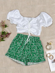 Casual Two Piece Set Drawstring Puff Sleeve Tops & Floral Print Elastic Shorts