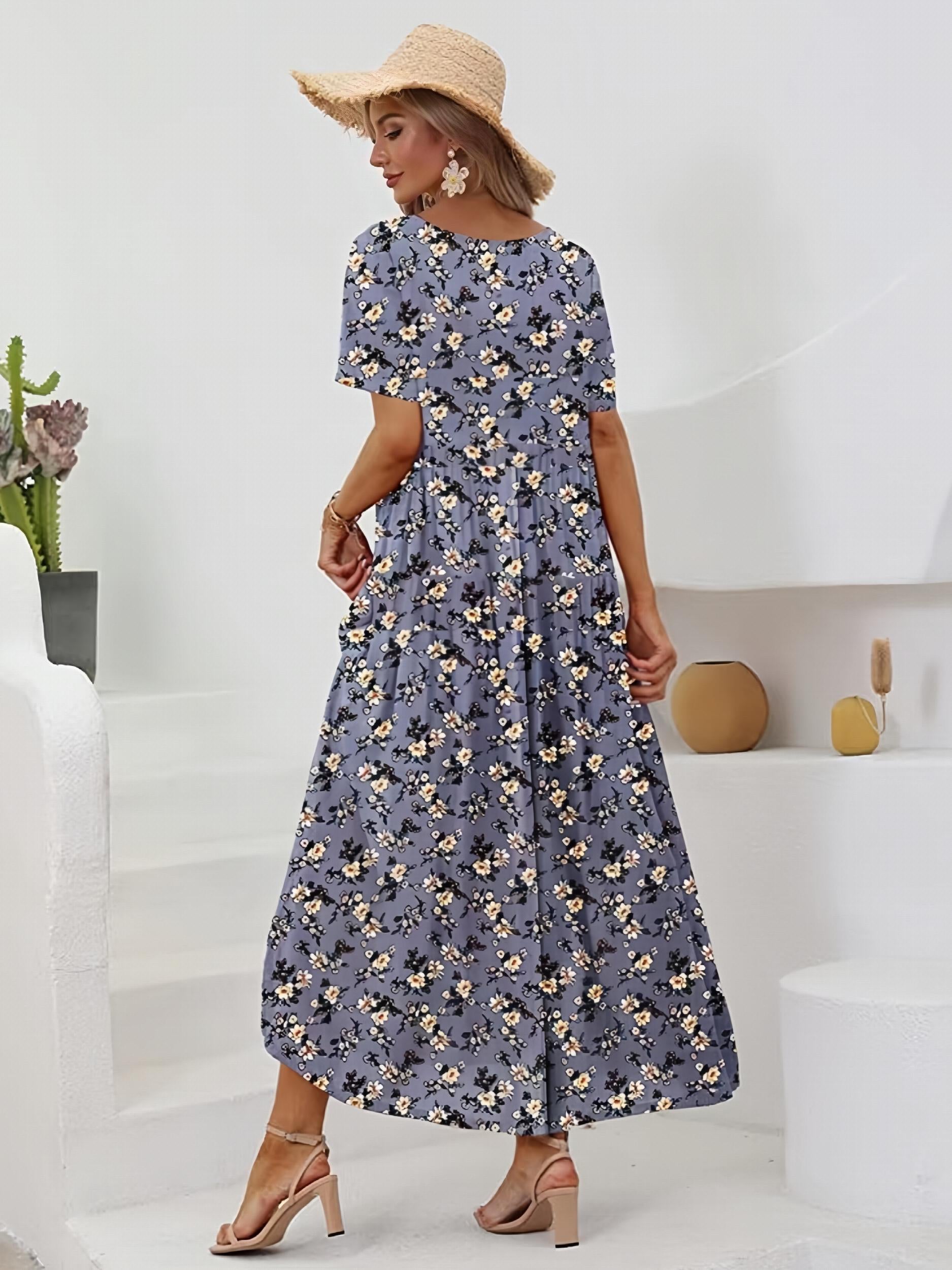 Floral Print Short Sleeve Casual Maxi Dress