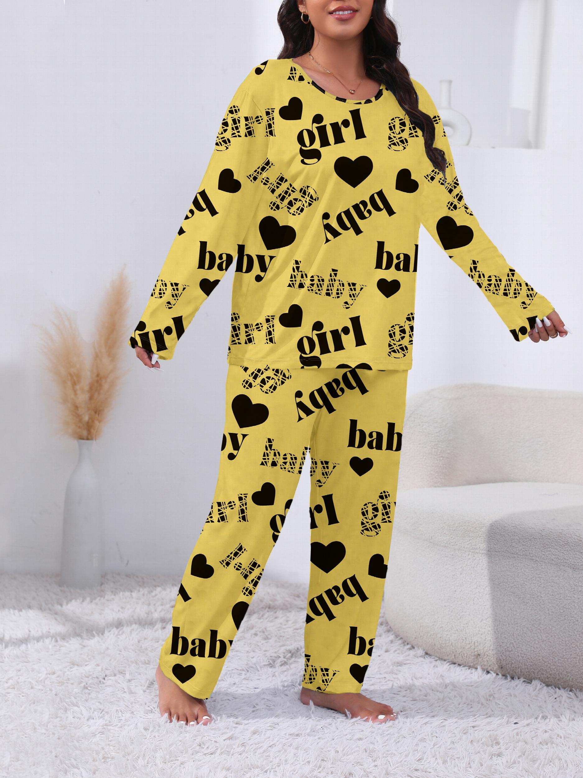  Heart & Letter Print Pajamas Set Long Sleeve Tee & Pants Lounge 2 Piec