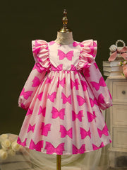 Girls' Bow Ruffle Long Sleeve Dress Spring/Autumn Casual