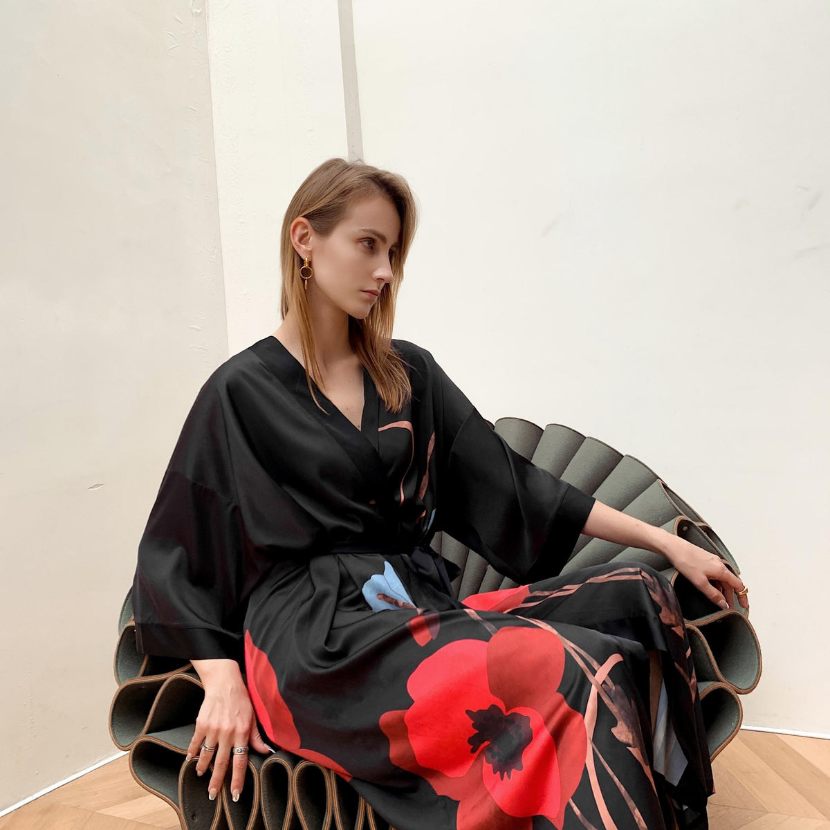  Satin Floral Print Robe, 3/4 Sleeve Loungewear