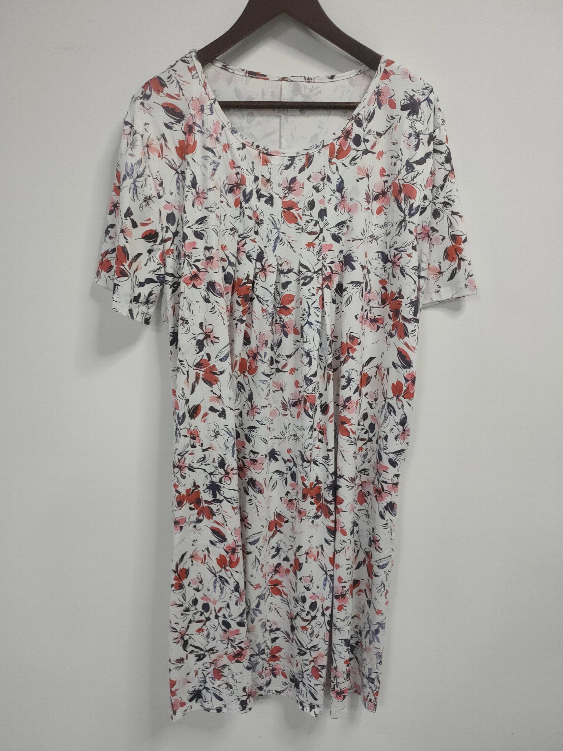  Floral Print Pleated Short Sleeve Dress