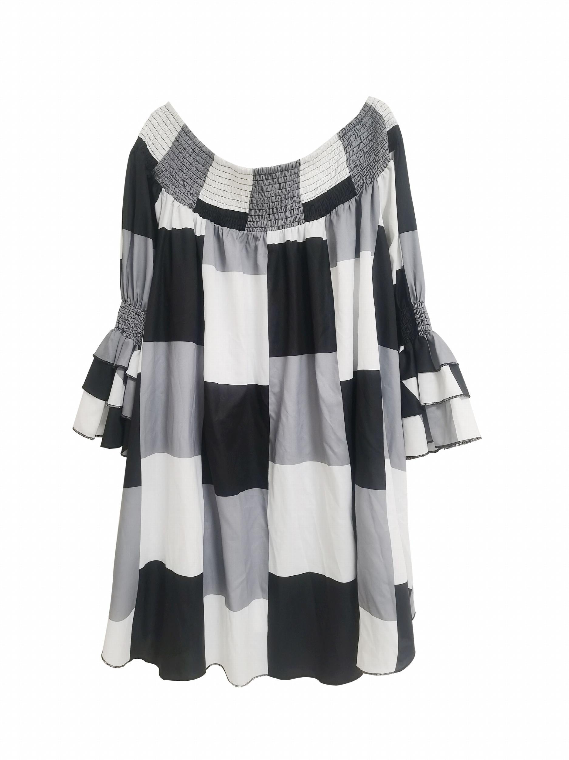  Colorblock Grid Print Off Shoulder Dress