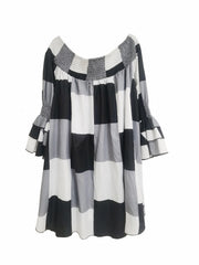  Colorblock Grid Print Off Shoulder Dress