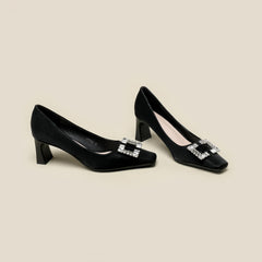 Women's Rhinestone Decor Chunky Heels Square Toe Slip On Shoes