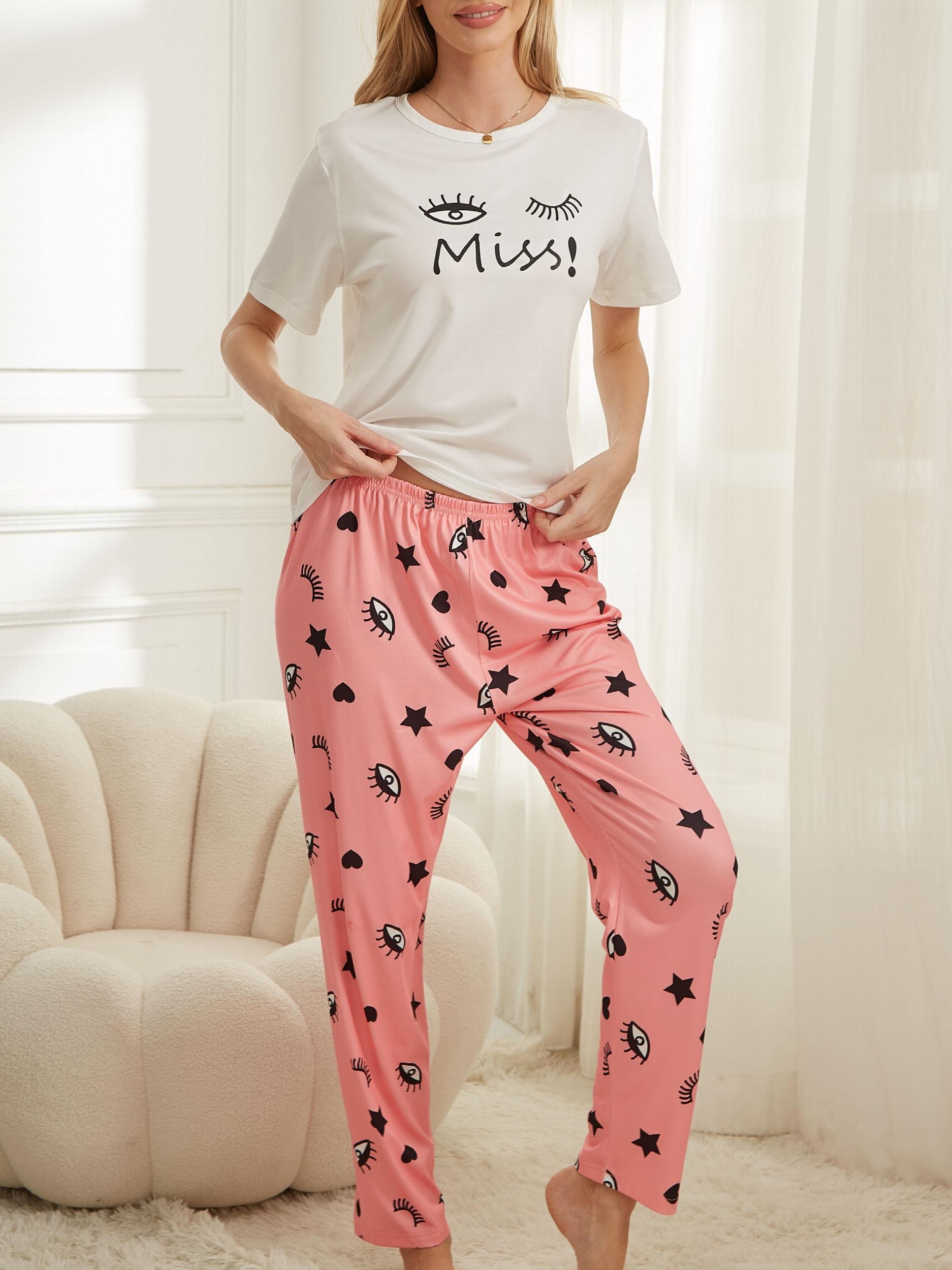 Letter Print Pajama Set Crew Neck Top & Print Lounge Pants Women's Sleepwear