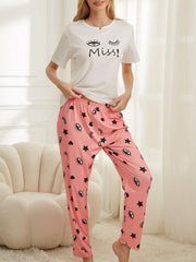 Letter Print Pajama Set Crew Neck Top & Print Lounge Pants Women's Sleepwear