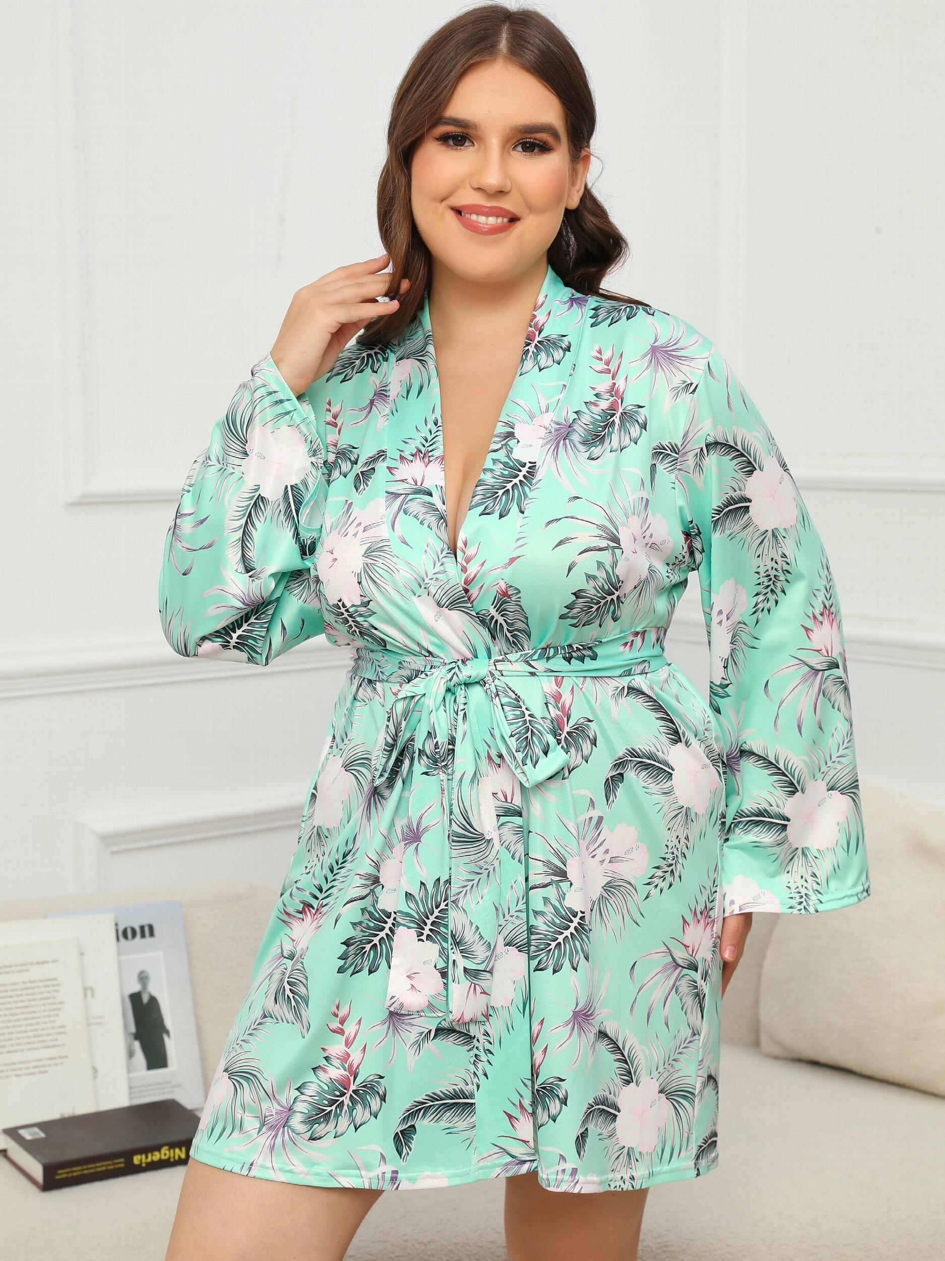  Floral Print Long Sleeve Loungewear Robe With Belt