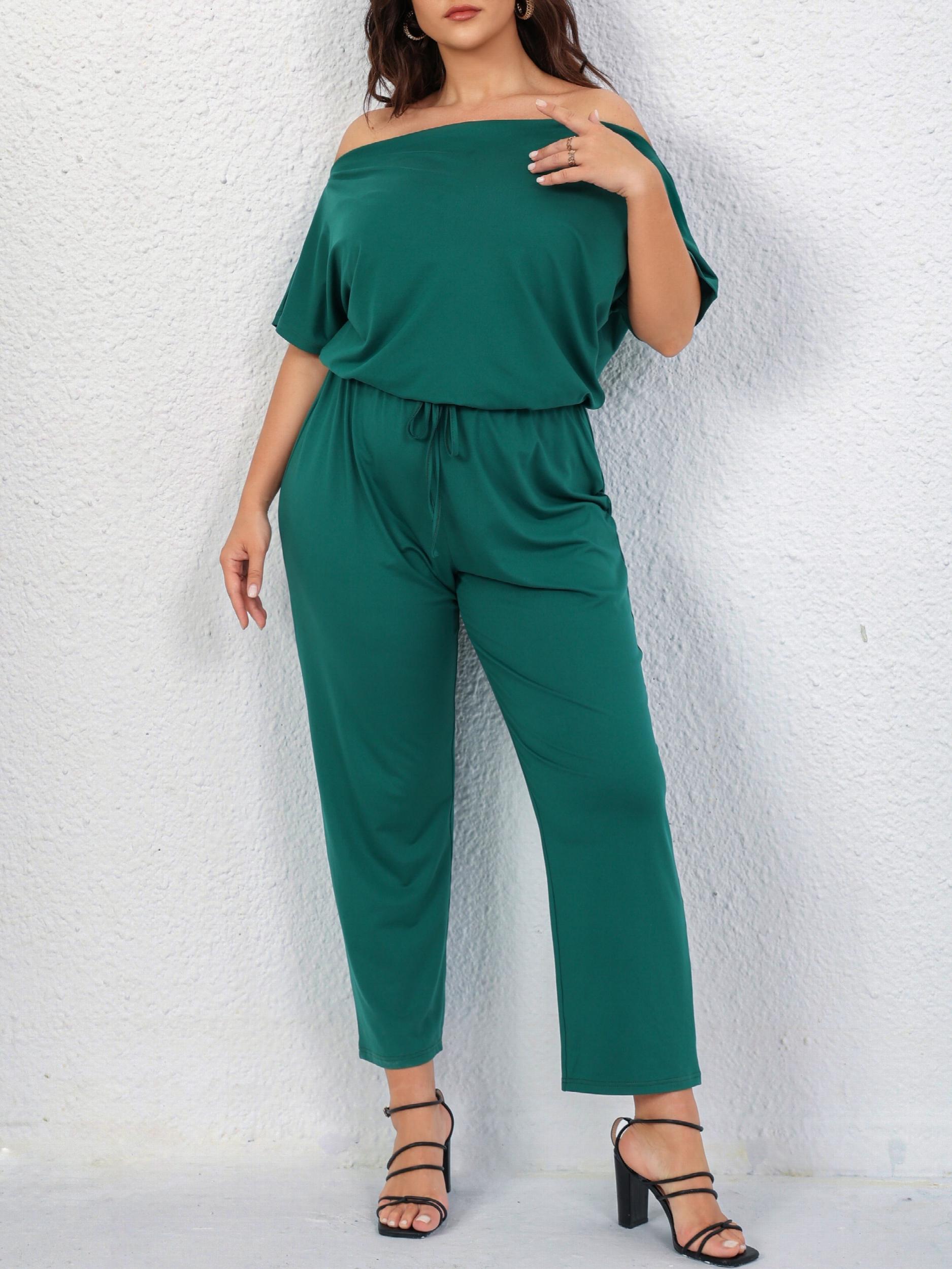  Solid Off Shoulder Short Sleeve Jumpsuit