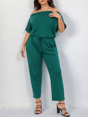  Solid Off Shoulder Short Sleeve Jumpsuit