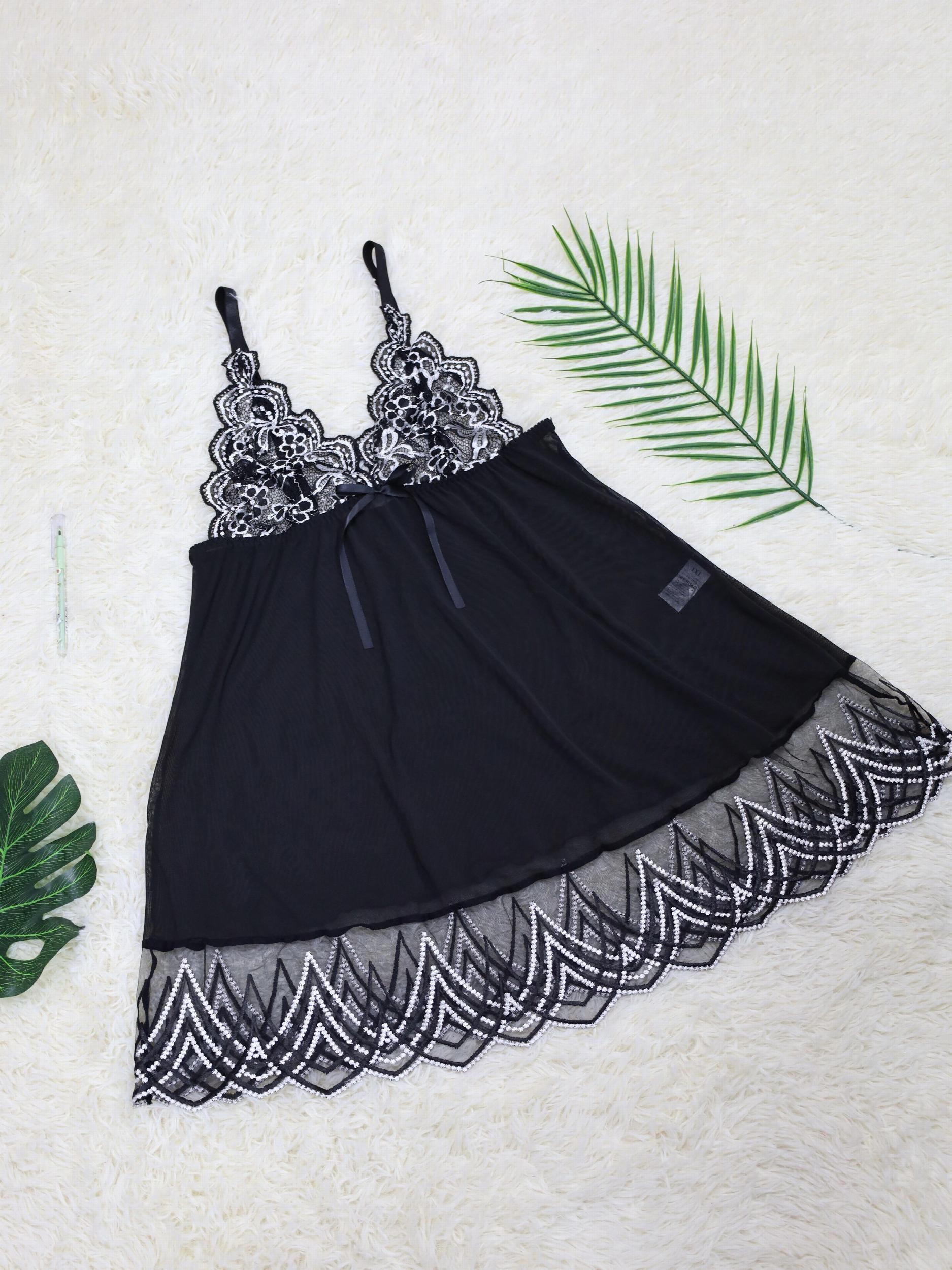  Mesh Lace Babydoll Dress with Floral Embroidery
