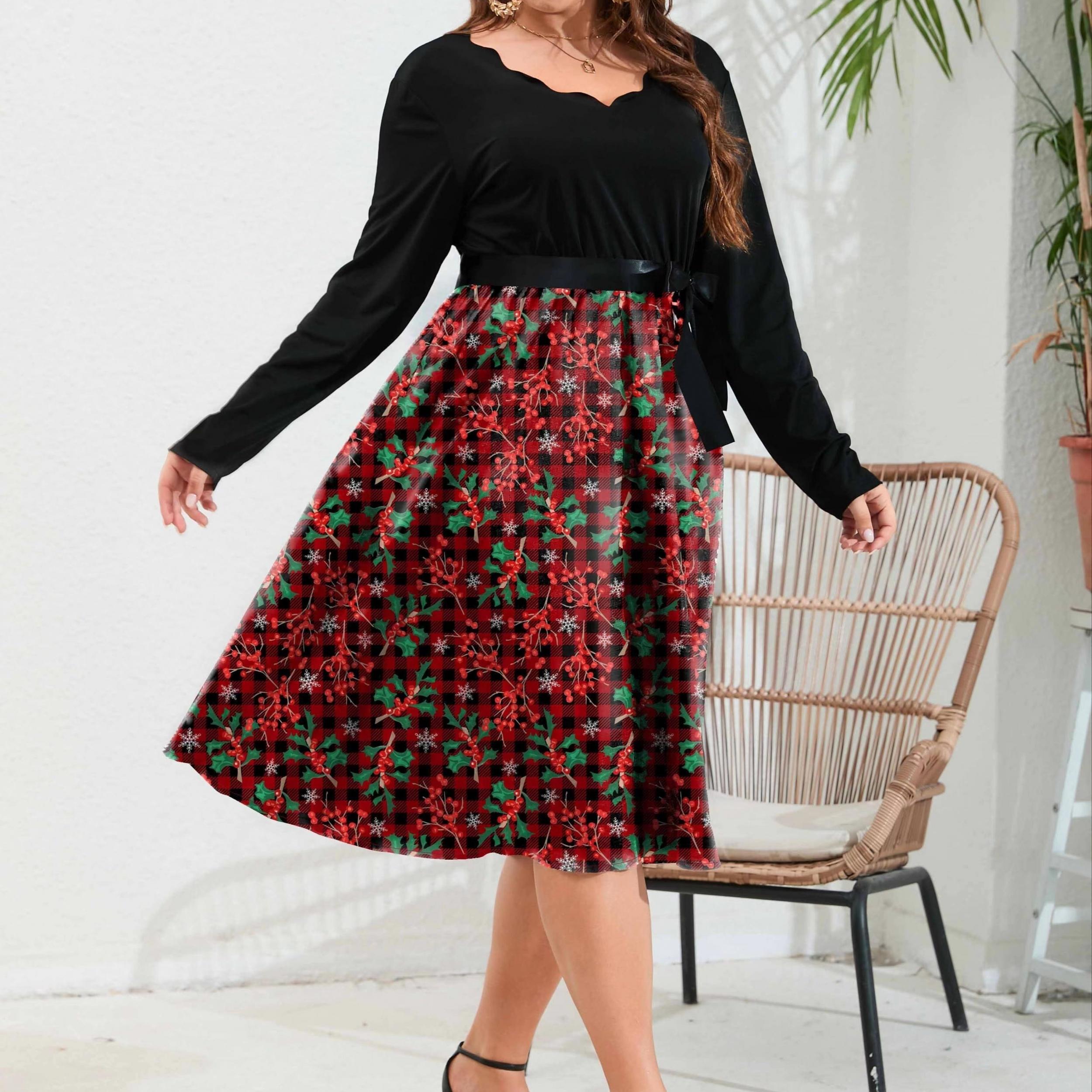  Colorblock Floral Print Scallop Trim Dress