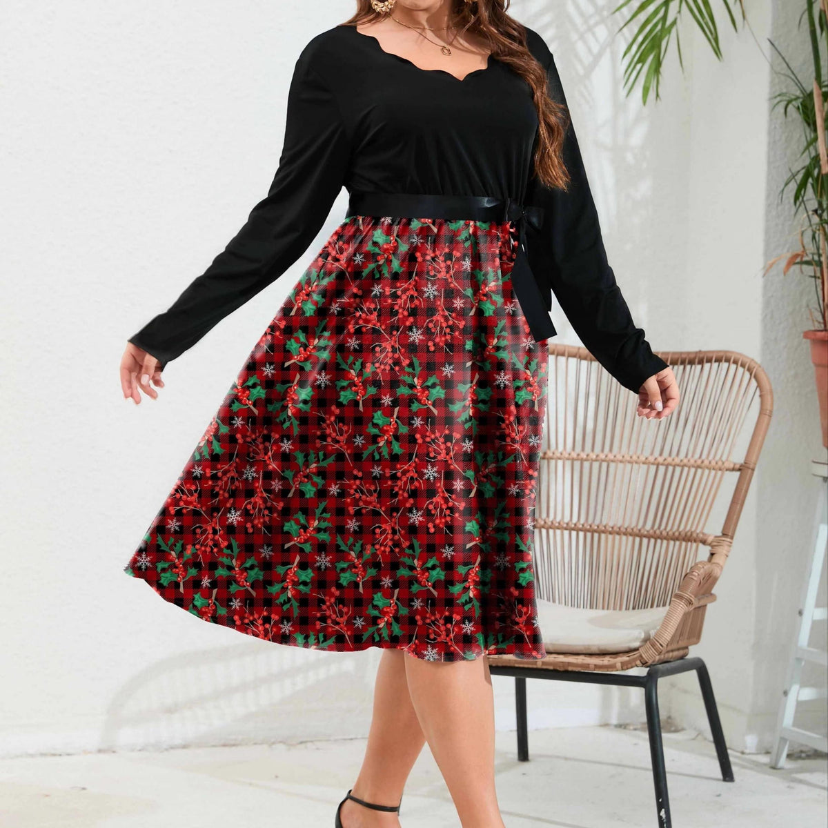  Colorblock Floral Print Scallop Trim Dress