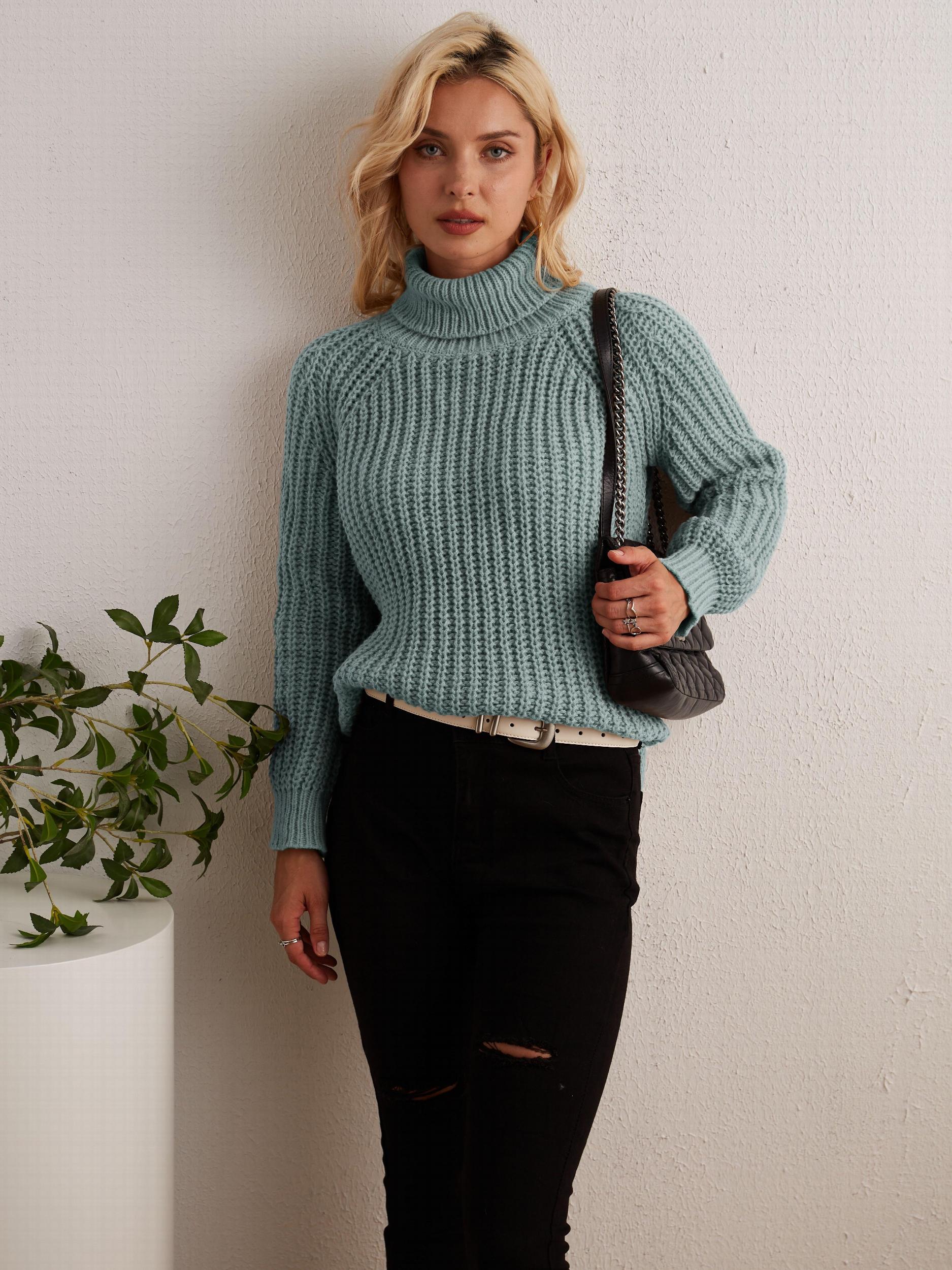 Oversized Turtleneck Sweater with Side Slit - Women's Clothing
