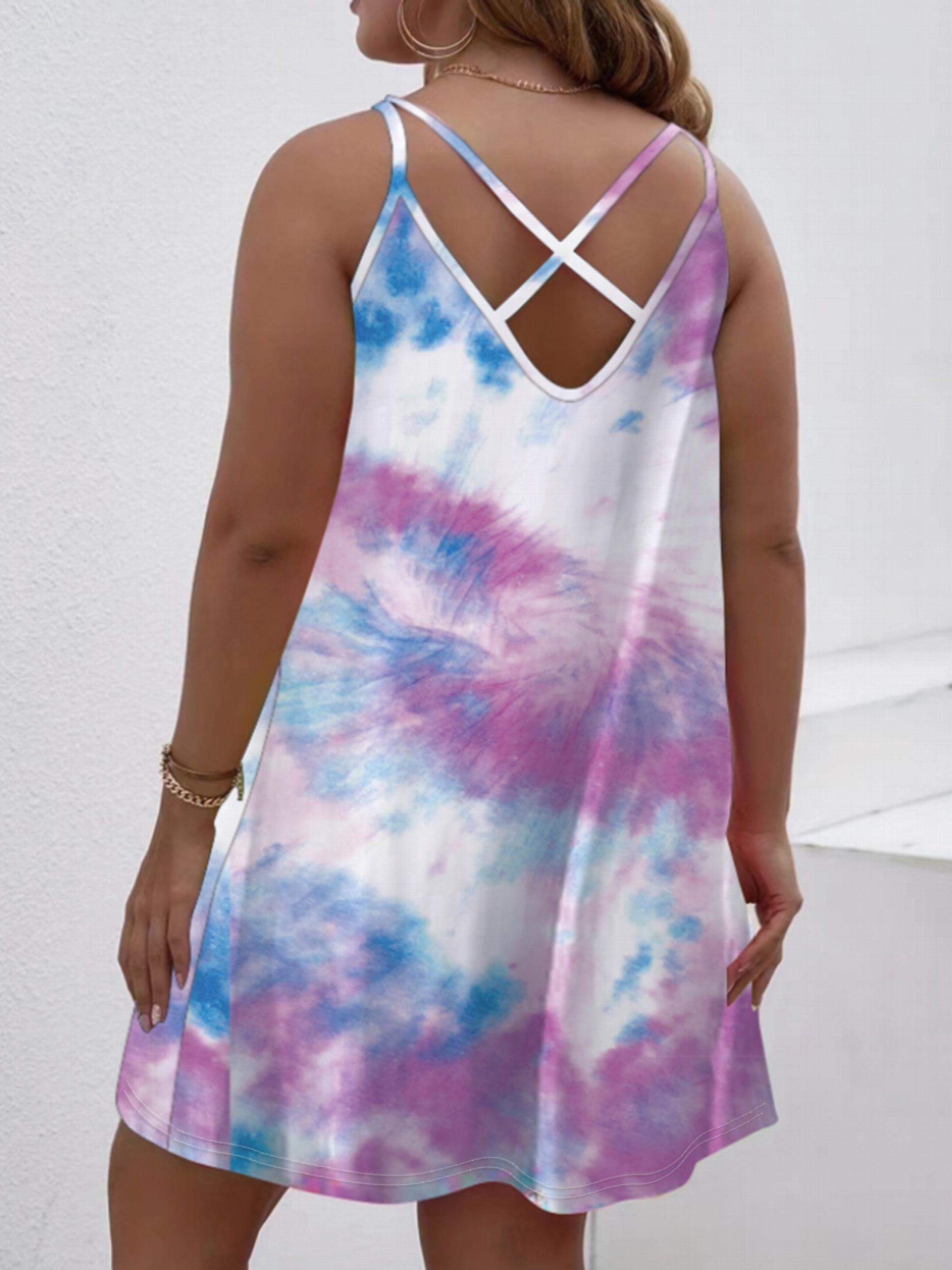  Tie Dye Criss Cross Back Mini Cami Dress