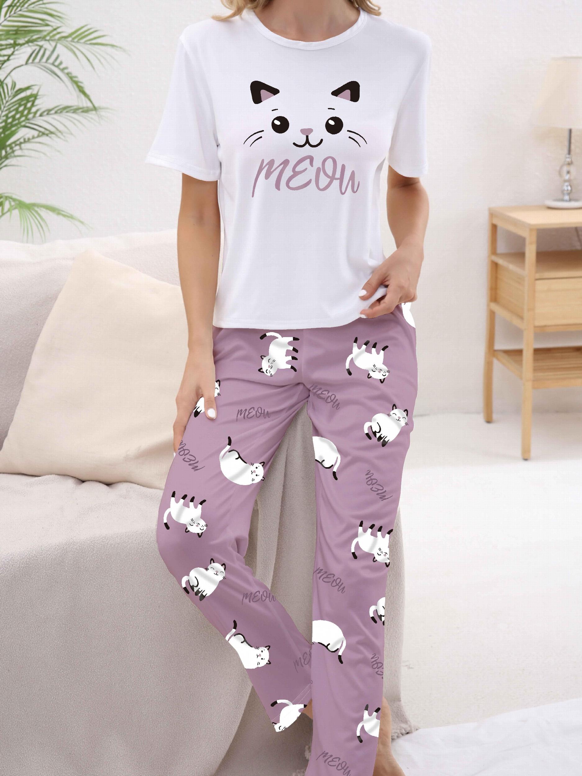 Cat Print Pajama Set Short Sleeve Crew Neck Top & Pants Women's Sleepwear