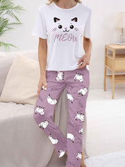 Cat Print Pajama Set Short Sleeve Crew Neck Top & Pants Women's Sleepwear