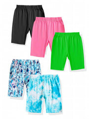 5pcs Kid Girls Bike Shorts Mermaid Tie-Dye Patterns Plain Colors