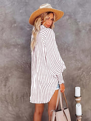  Striped Print Lantern Sleeve Button Up Collar Tunic Top