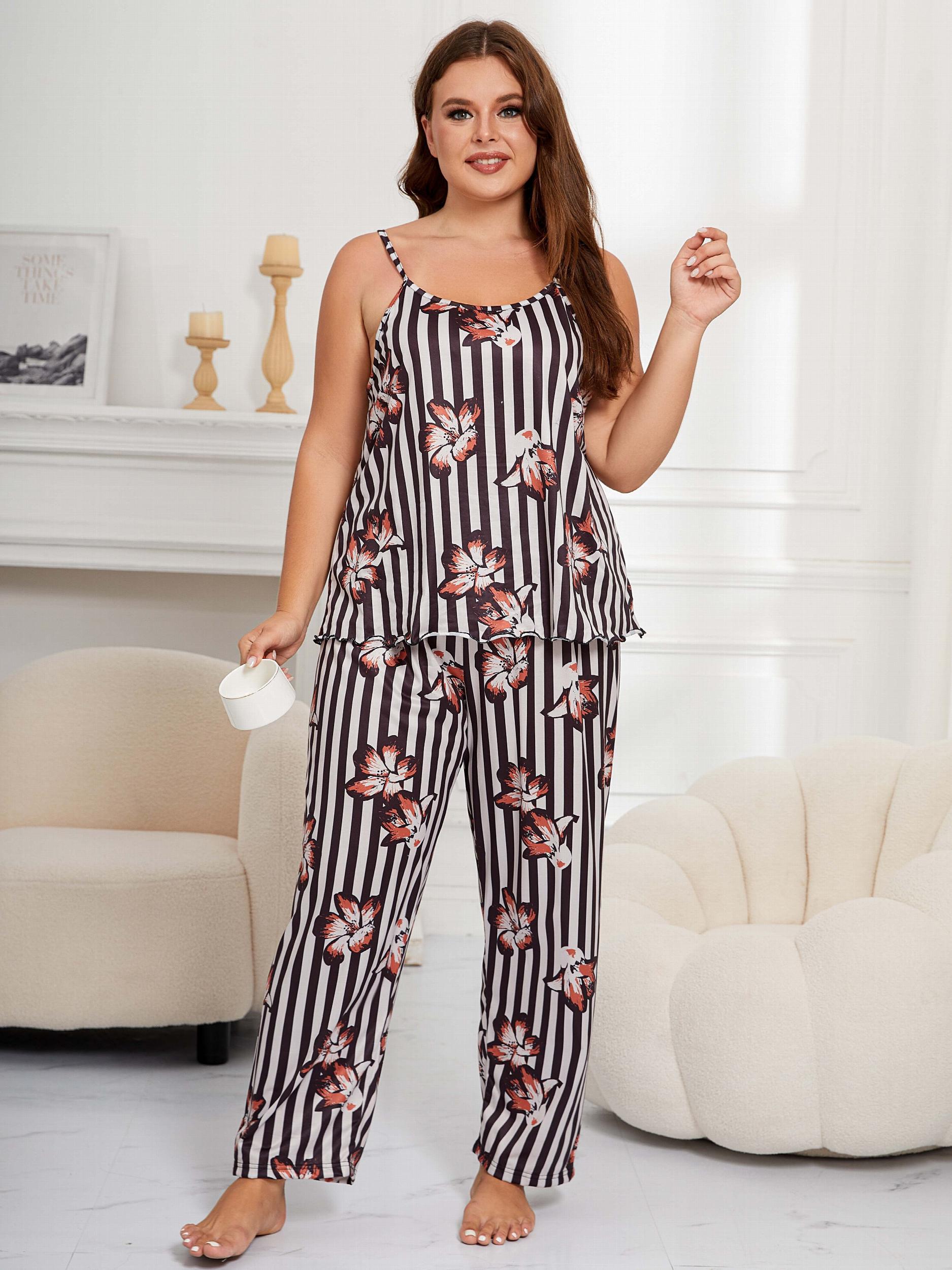  Striped & Floral Print Cami Top & Pants Lounge Set