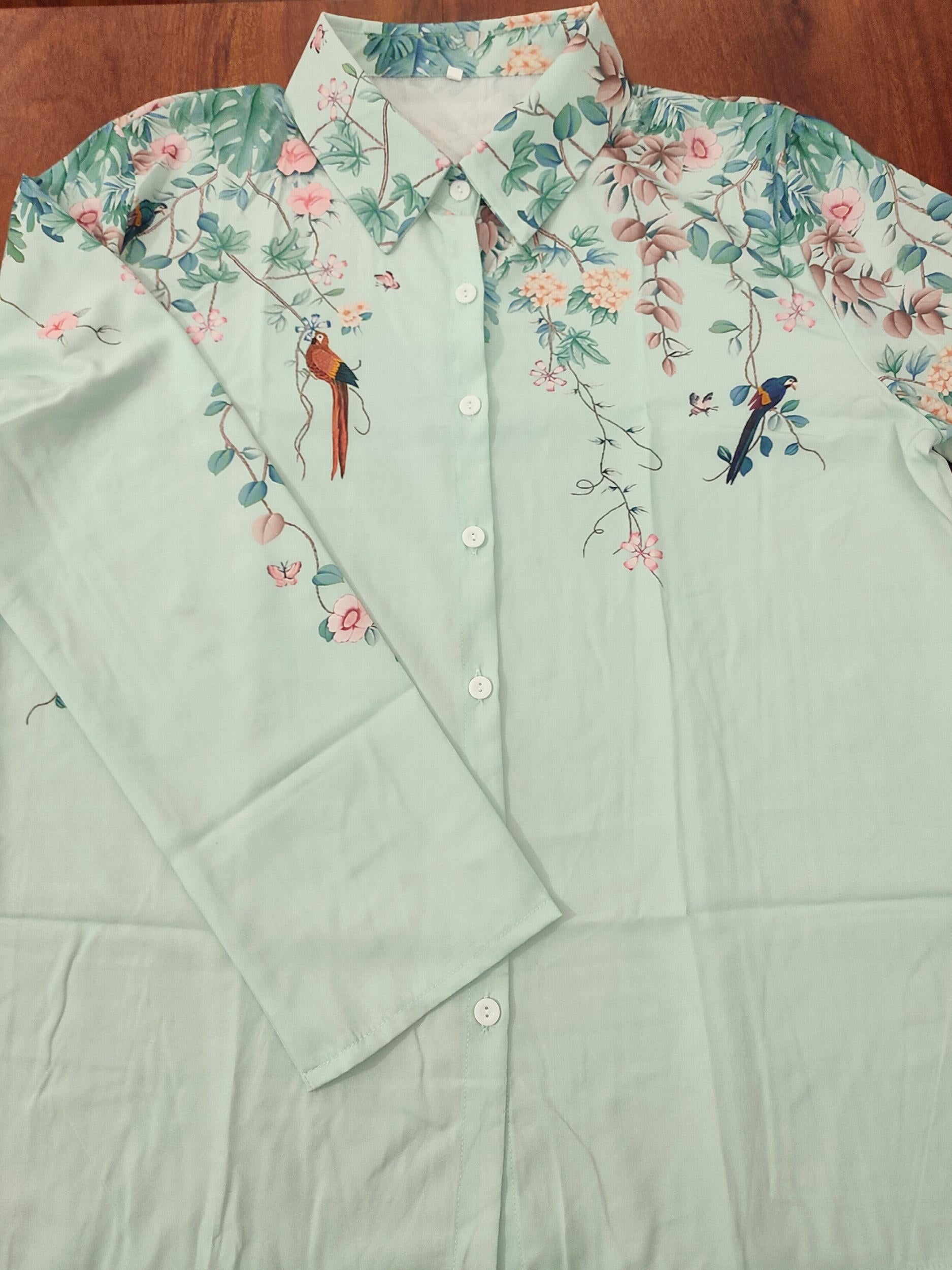  Floral Bird Print Long Sleeve Blouse