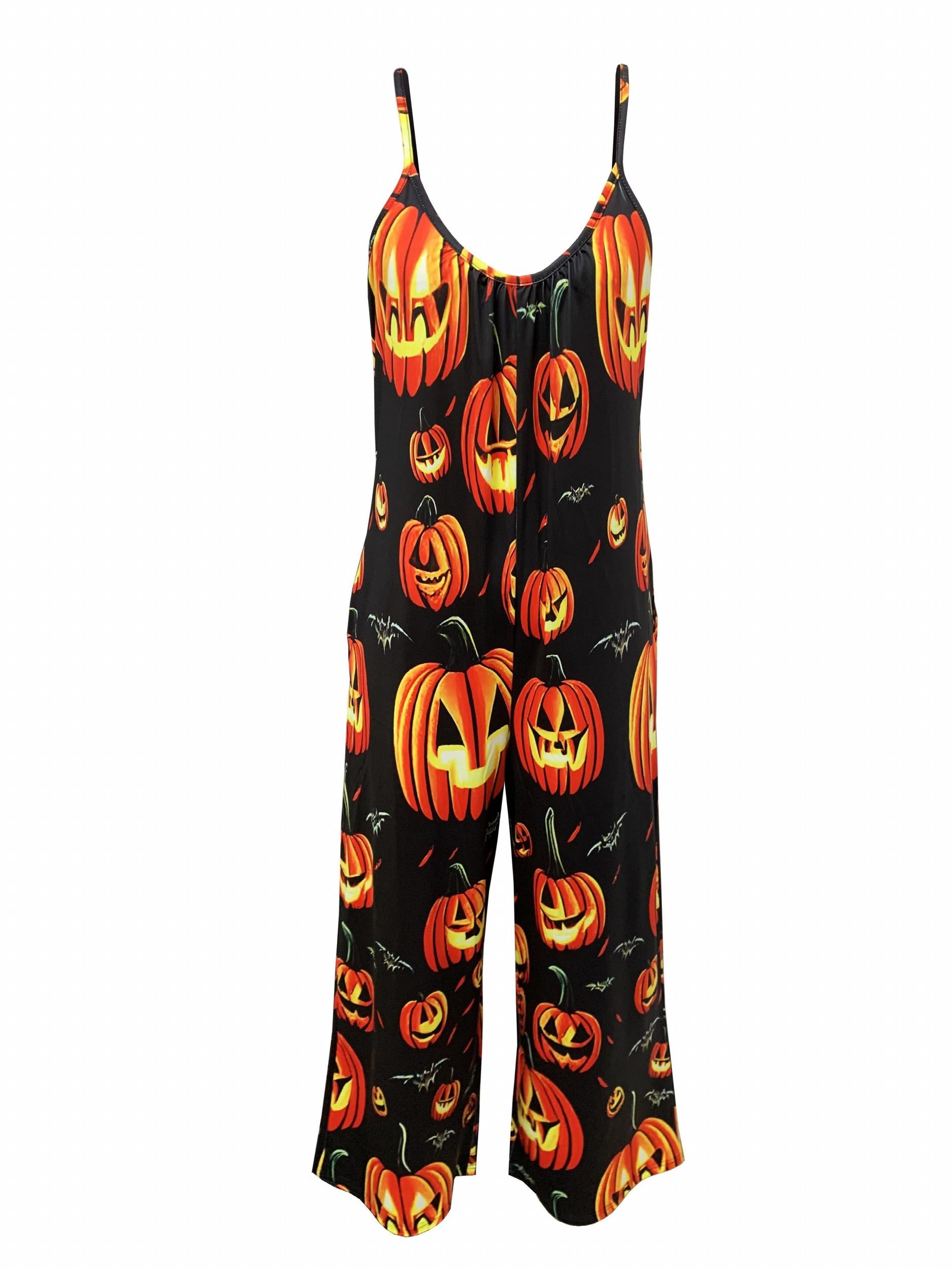  Pumpkin Print Round Neck Wide Leg Jumpsuit