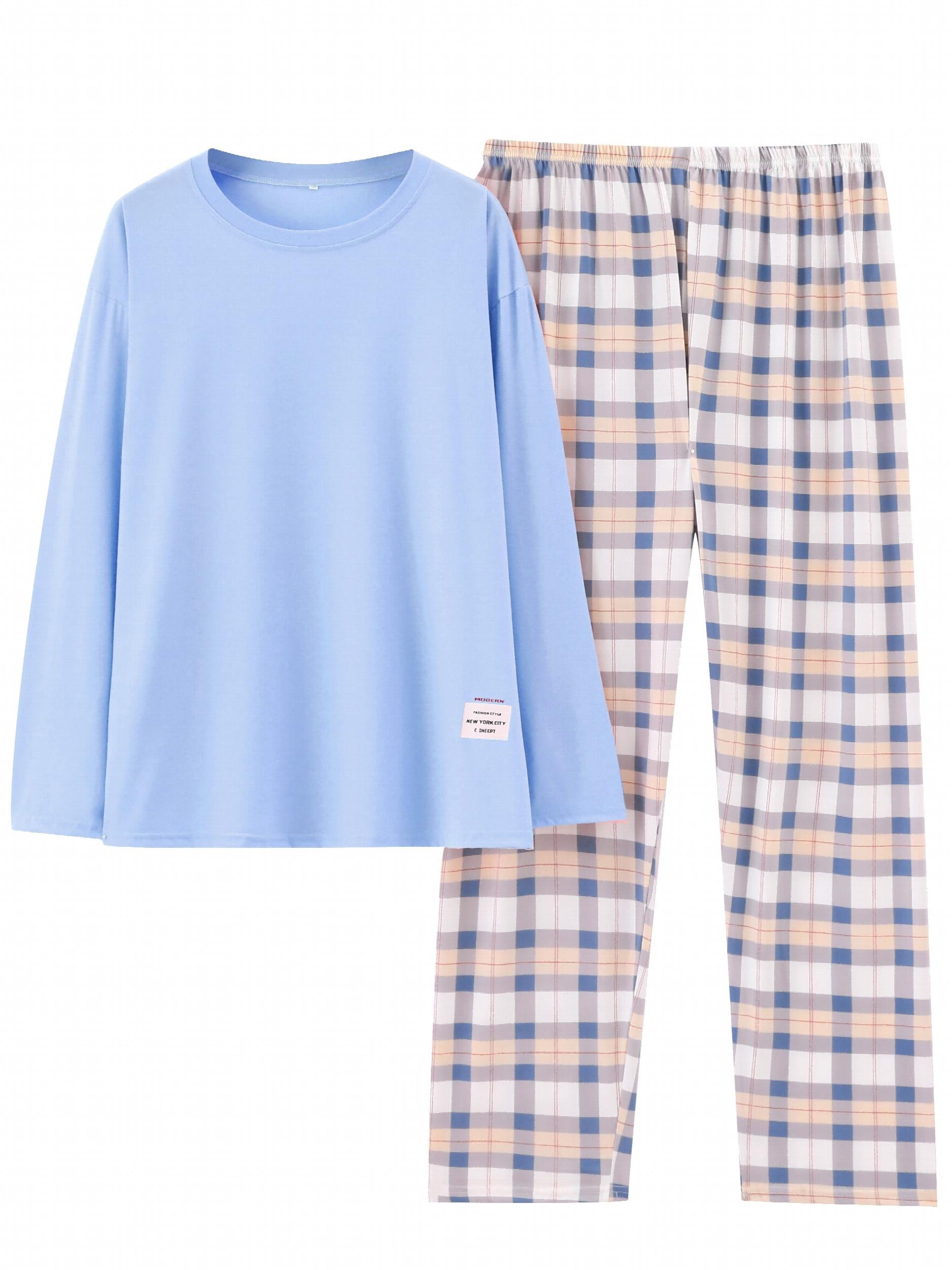  Casual Pajamas Set Women's Soft Tee & Plaid Pants 2pcs Set