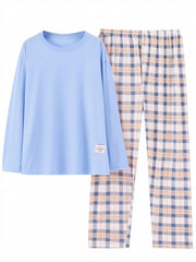  Casual Pajamas Set Women's Soft Tee & Plaid Pants 2pcs Set