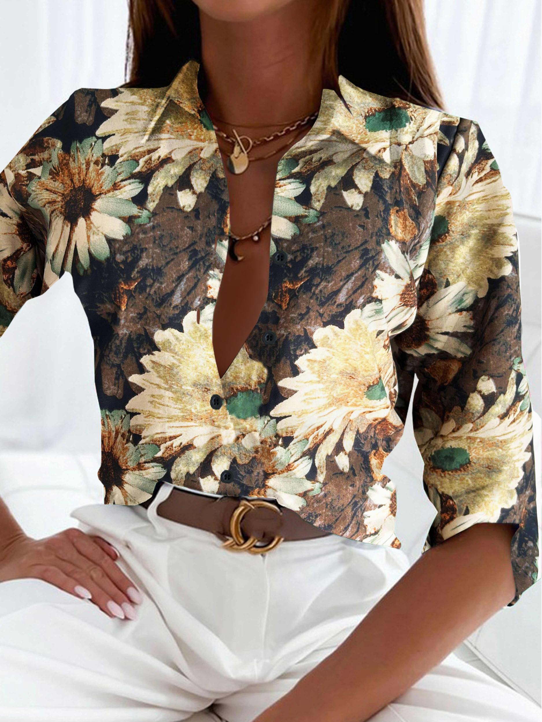  Casual Blouse Women's Plus Floral Print Button Up Collar Blouse